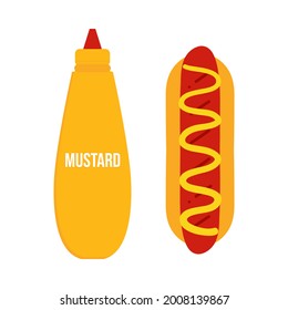 Hot dog with mustard sauce and bottle of mustard cute carton style vector icon, illustration for food design.