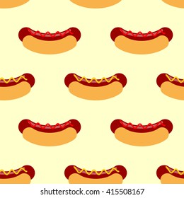Hot dog with mustard seamless pattern. Sausage roll and texture. Food background. Ornament fast food

