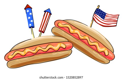 Hot dog with mustard and small USA flag. Vector illustration