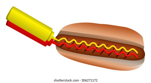 hot dog with mustard and source bottles 
