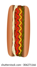 hot dog with mustard, source cheese and salad 