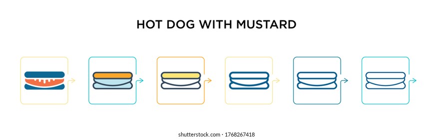 Hot dog with mustard vector icon in 6 different modern styles. Black, two colored hot dog with mustard icons designed in filled, outline, line and stroke style. Vector illustration can be used for 