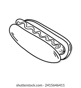 Hot Dog with mustard vector icon in doodle style. Symbol in simple design. Cartoon object hand drawn isolated on white background.