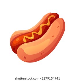 Hot Dog with Mustard. Vector Isolated Cartoon Illustration of Fast Food for Menu, Poster, Web Icon.