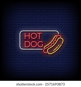 hot dog neon sign with brick wall background vector