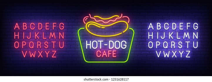 Hot Dog neon sign, bright signboard, light banner. Fast Food logo. Neon sign creator. Neon text edit. Design template. Vector illustration