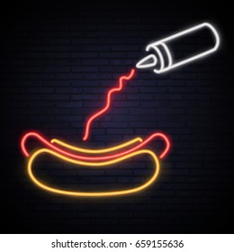 Hot dog neon sign. A bright pattern of neon. Neon sign, a bright sign. Vector image