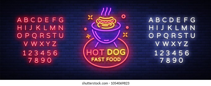 Hot Dog neon sign vector. Hot dog logo neon style design template, night neon emblem, light banner, light night advertising of fast food for cafe, restaurant, snack bar, bar. Editing text neon sign