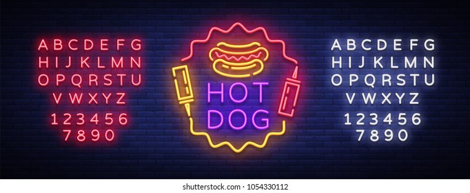 Hot Dog neon sign vector. Hot dog logo neon style design template, night neon emblem, light banner, light night advertising of fast food for cafe, restaurant, snack bar, bar. Editing text neon sign