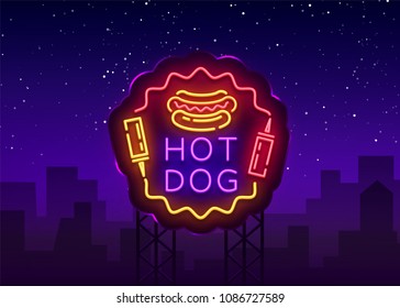 Hot Dog neon sign vector. Hot dog logo in neon style design template, night neon emblem, light banner, bright signboard, light night advertising of fast food for cafe, restaurant, snack bar. Billboard