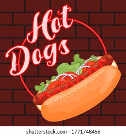 Hot dog on the background of a brick wall and a neon ring. Signboard with the inscription. Fast food. Isolated vector illustration.