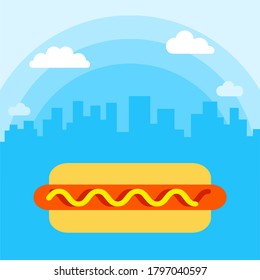 Hot dog on a background of cityscape with white clouds, fast food vector illustration