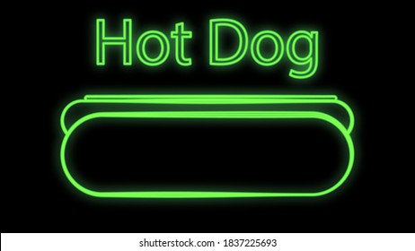 hot dog on a black background, neon, vector illustration. sausage sandwich, stuffed, appetizing bun. neon with an inscription in green. bright signboard for cafe, restaurant.