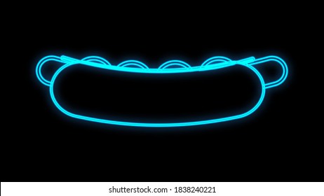 hot dog on a black background, neon, vector illustration. sausage sandwich, stuffed, appetizing bun. neon blue. bright signboard for cafe, restaurant.