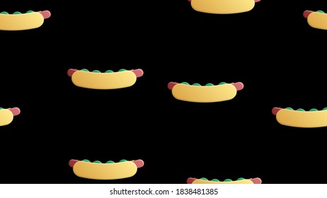 hot dog on a black background, vector illustration, pattern. sausage sandwich, stuffed, appetizing bun. decor of kitchen, cafe, restaurant. decoration, wallpaper for catering.