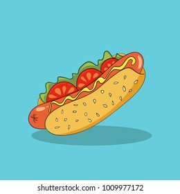 Hot dog on a blue background. Fast food.