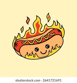 hot dog on fire drawing, vector food character with a smiling face, retro illustration