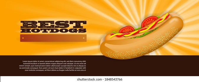 Hot dog on fire on a glowing yellow background. Vector banner