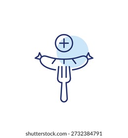 Perro caliente en un tenedor y más símbolo. Expansión del menú, nuevos elementos necesarios. Comida rápida y comida para llevar. Icono de Vector de trazo perfecto y editable