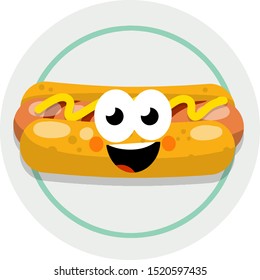 Hot dog on plate. Bread, sausage, ketchup. Icon Harmful diet. Cartoon flat illustration. Mascot of Fast junk food. Funny face. Smile and eye. Delicious Bun