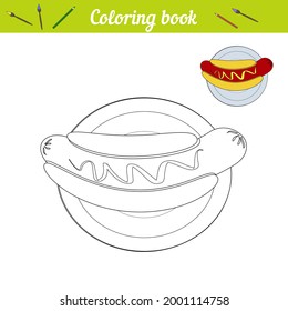 Hot dog on a plate. Simple coloring book for children. Black and white cartoon illustration and color swatch. Vector food.