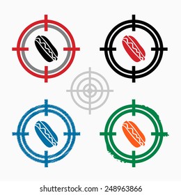 Hot dog on target icons background. Crosshair icon. Vector illustration.