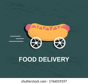 Hot dog on wheels over blue background, street food delivery service concept, creative illustration, vector