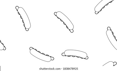 hot dog on white background, vector illustration, pattern. sausage sandwich, stuffed, appetizing bun. black and white illustration, drawing of a hot dog. pencil drawing style illustration.