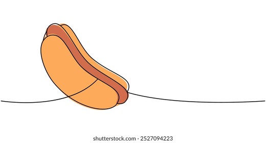 Cachorro quente uma linha colorida desenho contínuo. Comida rápida de rua. Ilustração linear de vetor.