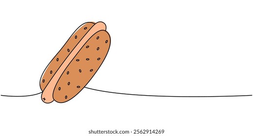 Hot dog one line colored continuous drawing. American street fast food. Vector linear illustration.