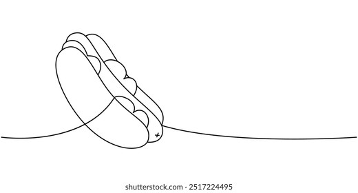 Hot dog one line continuous drawing. Tasty fast food. Vector linear illustration.