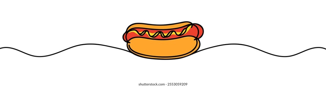 Hot dog una línea de dibujo continuo. Bollos largos, salchichas salchichas, verduras, salsas. Ilustración lineal de Vector.