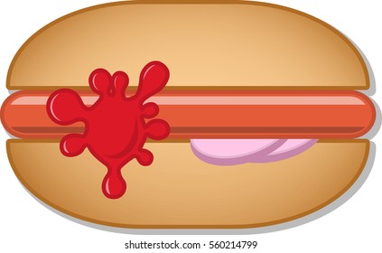 Hot dog with onion and ketchup. Vector illustration EPS10 on white background.