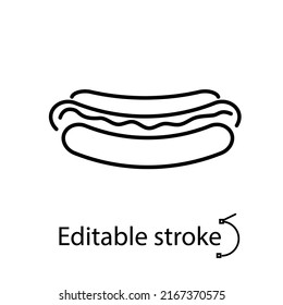 Hot dog outline icon. Fast food item. Pop art style. Bistro logotype. Customizable linear contour symbols collection. Editable stroke. Isolated vector stock illustration