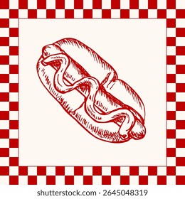 Hot dog outline sketch illustration, fast food hand-drawn vector clipart. Sausage in a bread bun drawing in engraving style