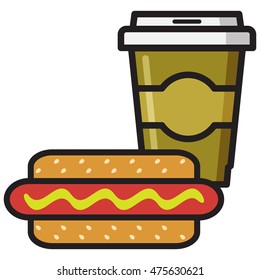Hot Dog and paper cup with a coffee, tea. Fast food. Set. Icon. Flat style.