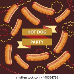 Hot Dog Party banner. Gold ribbon, tasty sandwiches, mustard and ketchup splashes.
