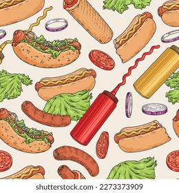 Hot Dog pattern seamless colorful with sausages and vegetables for delicious sandwich for advertising cafe with street food vector illustration
