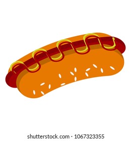 A hot dog is pictured, vector illustration, a flat icon. Bun with sausage, ketchup and mustard, isolated on white background. Street food, take-away. Fast food.