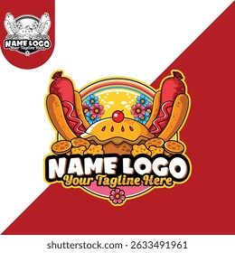 Hot dog, Torta, Cookies Logo Mascote Design. Modelo de Logotipo de Pizza. Cookies Logo Template adequado para restaurante