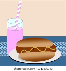 hot dog with pink drink on table