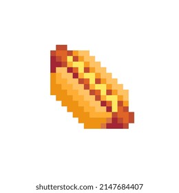 Icono de arte de píxeles de Hot dog. Diseño para pegatinas, logotipo de comida rápida, aplicación móvil, insignias y parches, espíritu de 8 bits. Ilustración vectorial aislada de Hotdog.