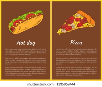 Hot dog and pizza slice. Fast food italian traditional meal with cheese, sausage and tomatoes. Bun and frankfurter, salad leaves vector illustration