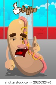 Hot Dog pointing at the viewer with his hand. American fast food as a cartoon character with face.