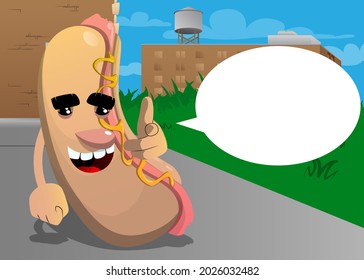 Hot Dog pointing at the viewer with his hand. American fast food as a cartoon character with face.