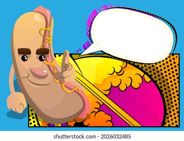 Hot Dog pointing at the viewer with his hand. American fast food as a cartoon character with face.