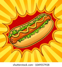 Hot dog pop art retro vector illustration. Color background. Comic book style imitation.