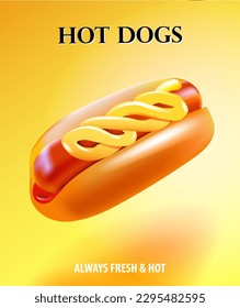 Hot dog poster, a bright hot dog on a yellow background, for menus, advertising, etc.
