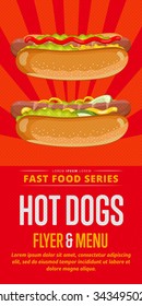 Hot dog poster fast food menu design elements. Layout of menu with appetizer hot dog vector illustration. 