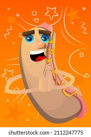 Hot Dog with praying hands. American fast food as a cartoon character with face.